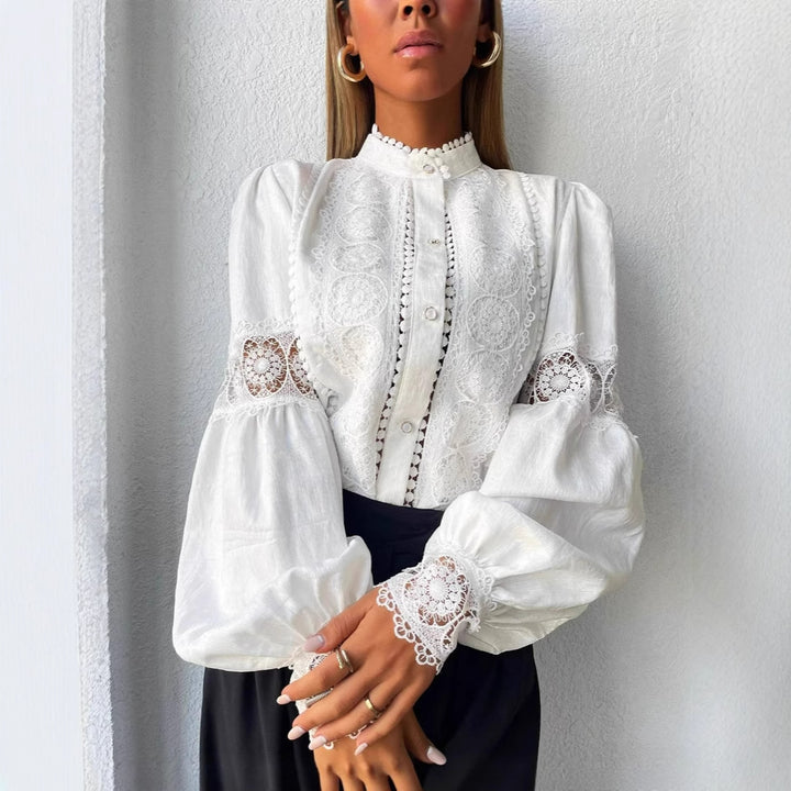 Women's Elegant Lace Blouse in Vintage Style with Stand Collar and Balloon Sleeves Amarae