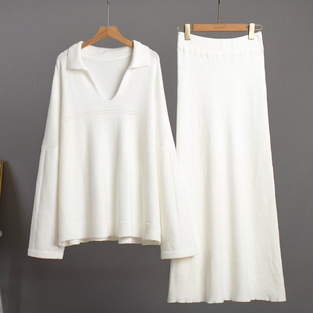 Modest knit set for ladies with a loose fit and deep V-neck Lune London