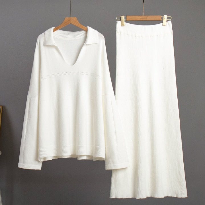 Modest knit set for ladies with a loose fit and deep V-neck Lune London