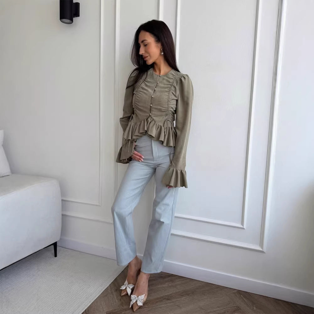 Women's Ruffled Fitted Blouse with Peplum & Puff Sleeves Amarae