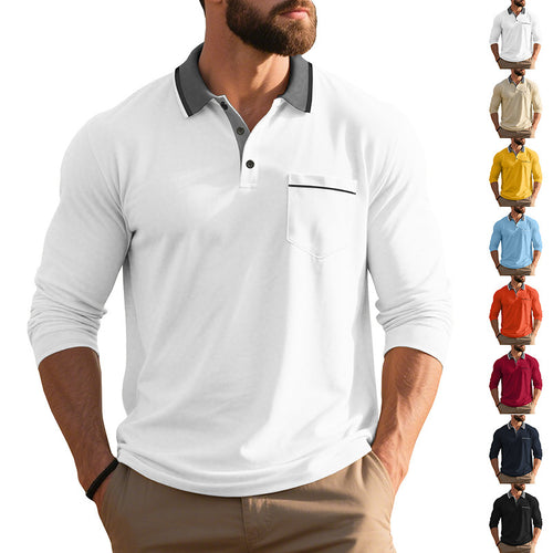 Long sleeve polo shirt for men, fashion, with textured surface and practical chest pocket Amarae