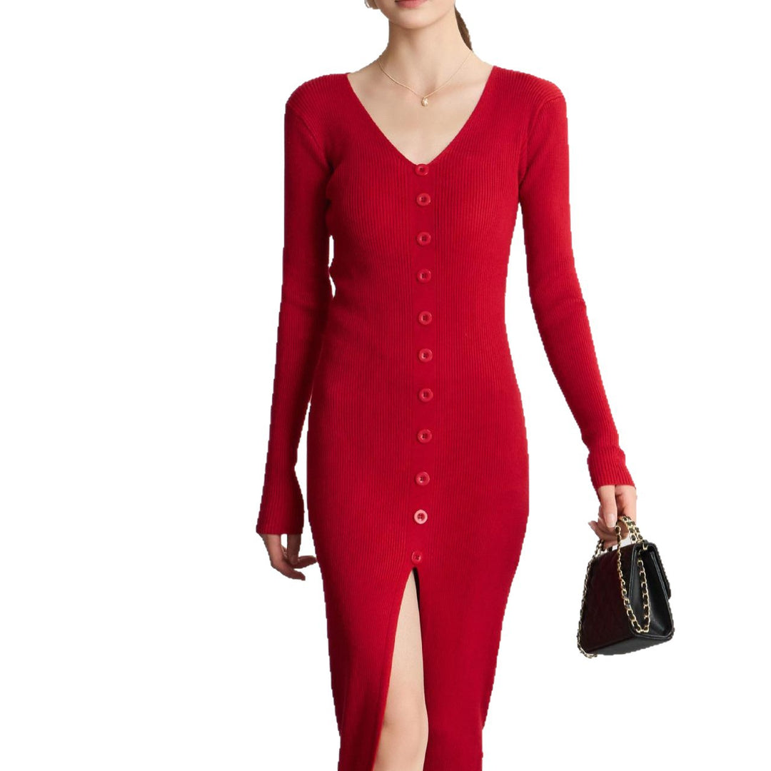 Robe tricotée à manches longues pour femmes avec décolleté en V et patte de boutonnage continue Chic & Stil