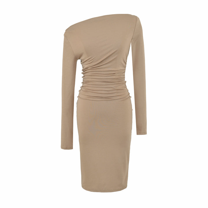 Women's Asymmetric One-Shoulder Midi Dress with Gathering and Long Sleeve Amarae