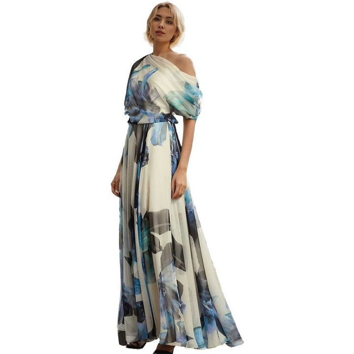 Women elegant chiffon dress with off-shoulder design and floral pattern Lune London