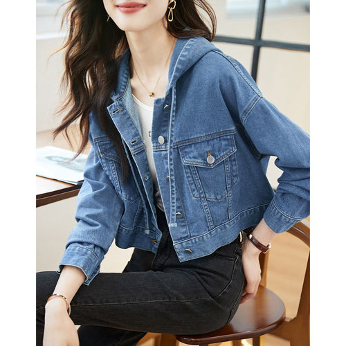 Veste courte en jeans à la mode pour femmes avec capuche et poches pratiques Chic & Stil