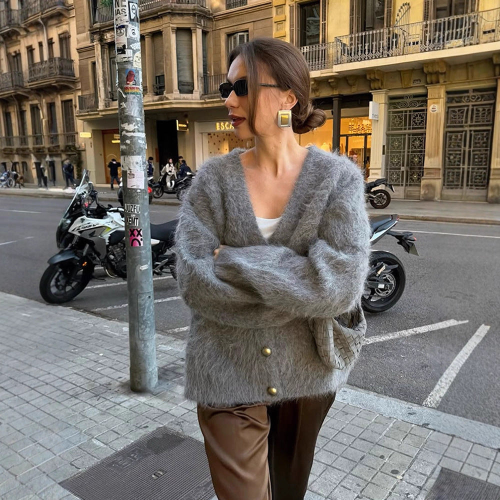 Women Fluffy Mohair-Optic Oversized Cardigan with V-Neck and Gold Decorative Buttons Amarae