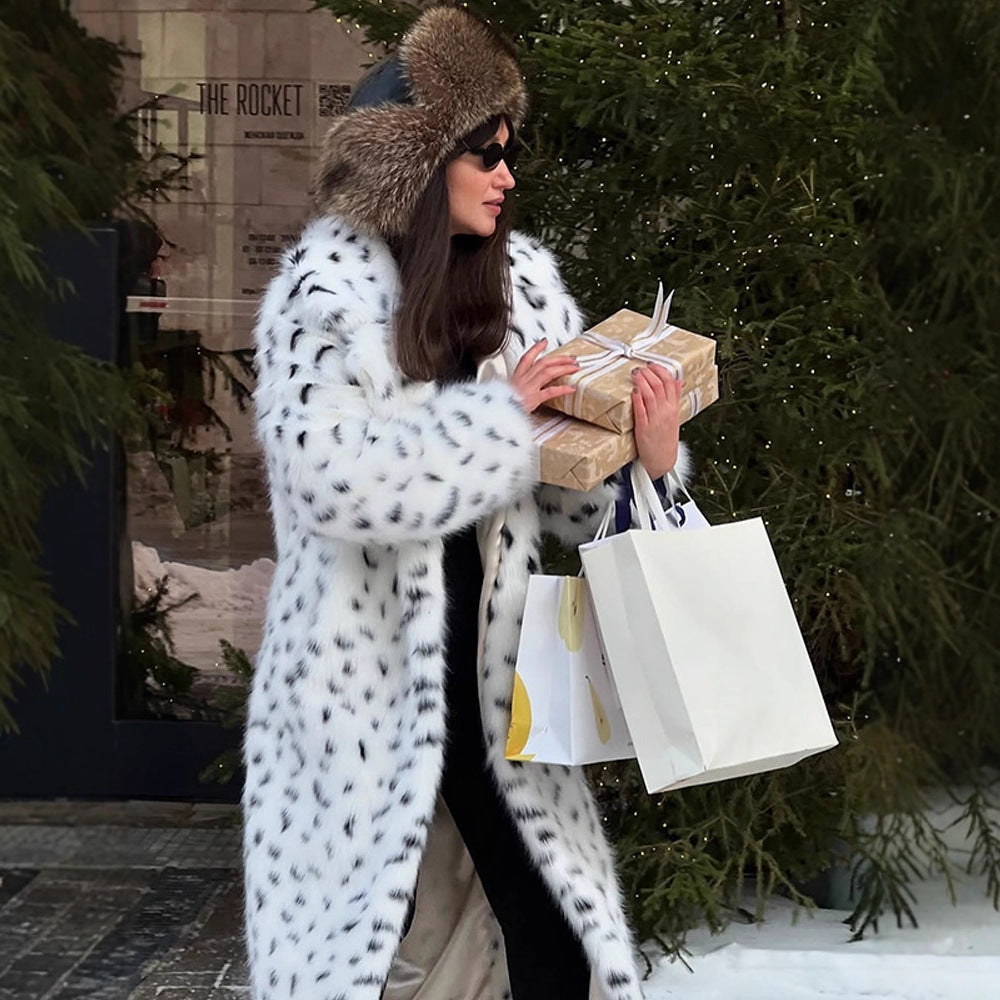 Women's Long Coat made of Faux Fur with Dalmatian Look and Hood Amarae