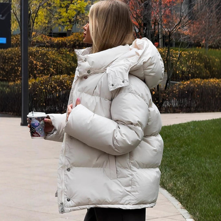 Ladies Short Windproof Quilted Puffer Jacket with Removable Hood and High Stand Collar Amarae