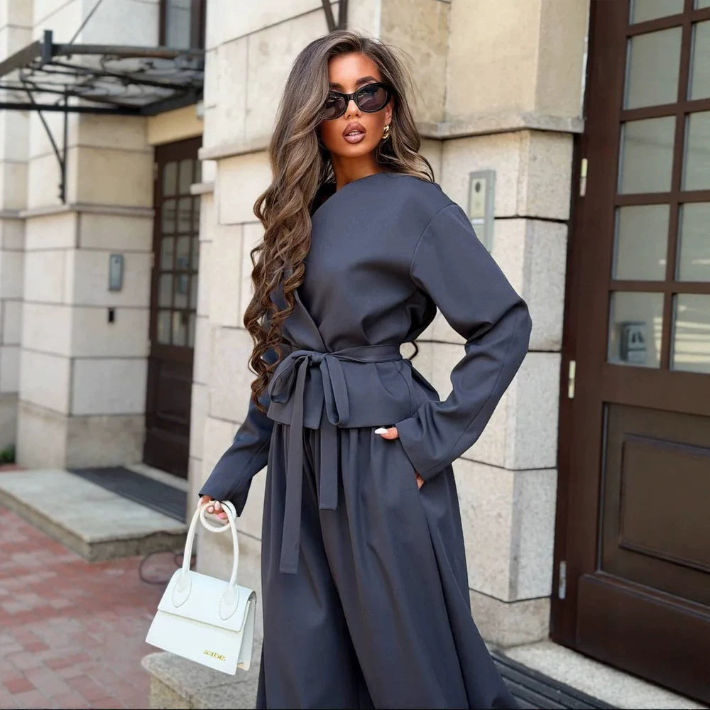 Women's Elegant Two-Piece Set with Wrap Jacket and Wide Pleat Trousers Amarae