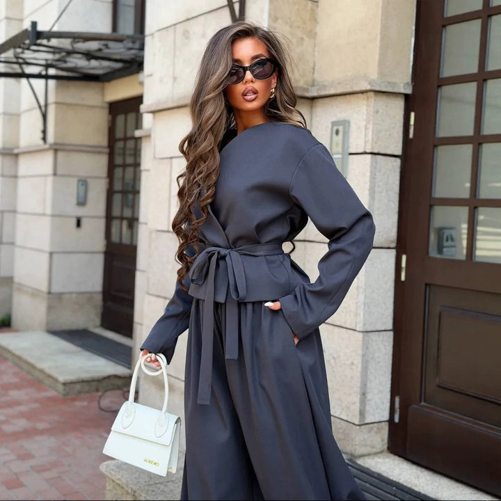 Women's Elegant Two-Piece Set with Wrap Jacket and Wide Pleat Trousers Amarae