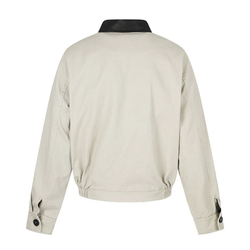 Men's Asymmetrical Canvas Bomber Jacket with Leather Straps and Stand Collar Amarae