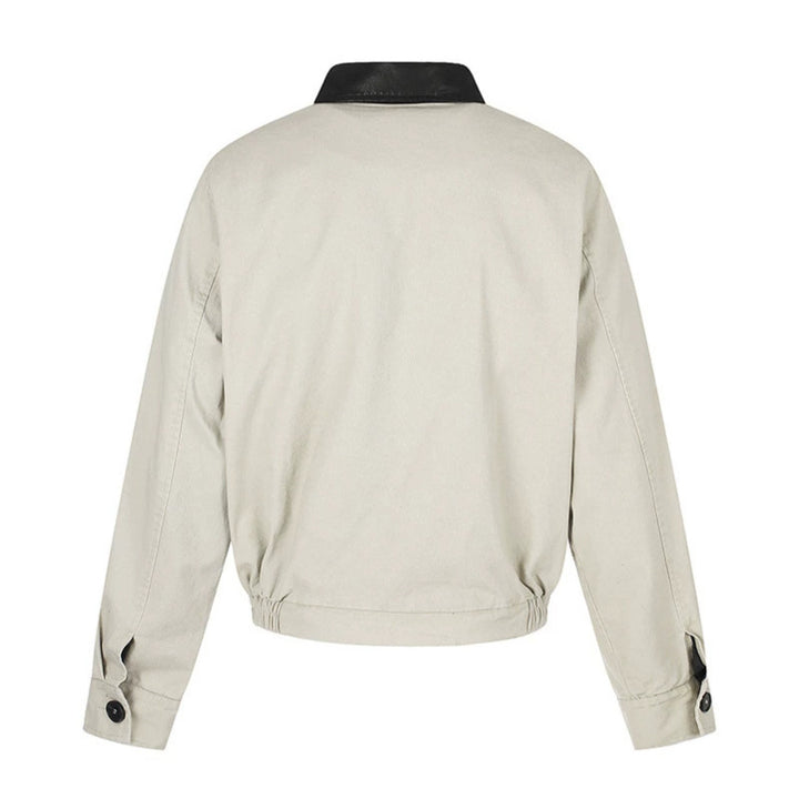 Men's Asymmetrical Canvas Bomber Jacket with Leather Straps and Stand Collar Amarae