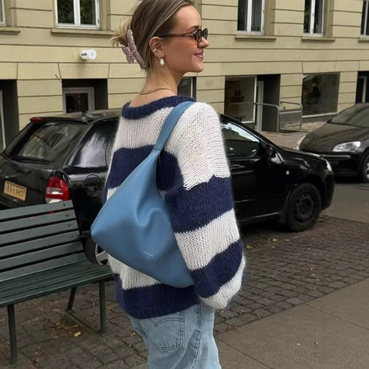 Women Striped Oversize Knit Sweater with Round Neck Amarae