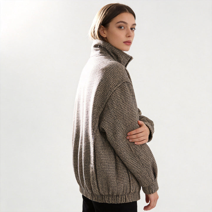 Women Structured Knitted Bomber Jacket with High Stand-Up Collar and Ribbed Hem Amarae