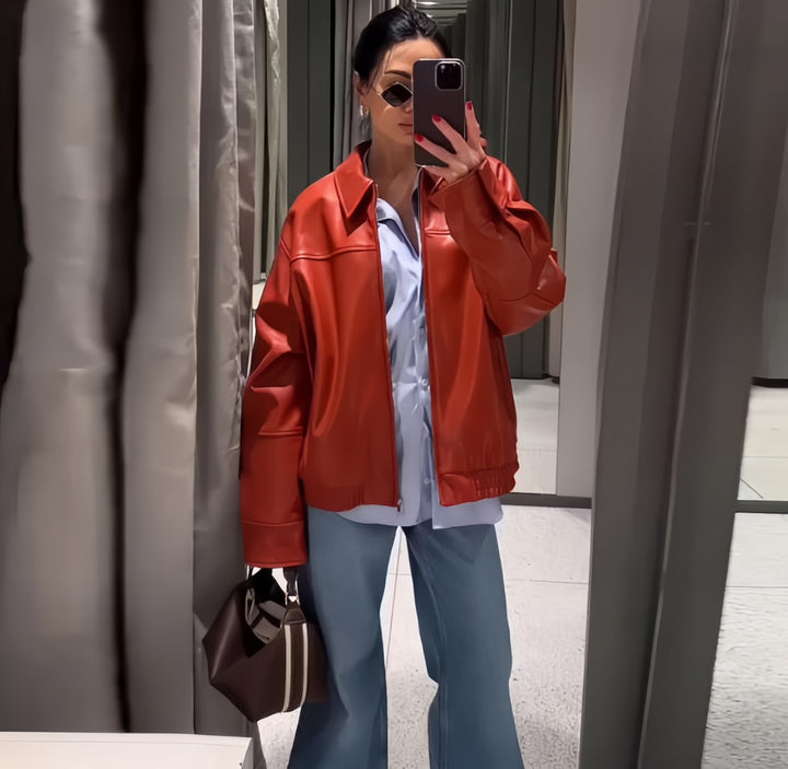 Oversized synthetic leather jacket for women with casual fit Lune London