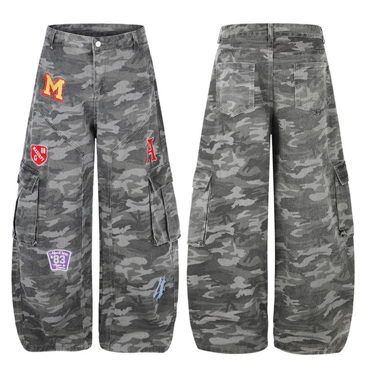 Women's Wide Cargo Pants in Camouflage Look with Applications and Multi-Pockets Amarae