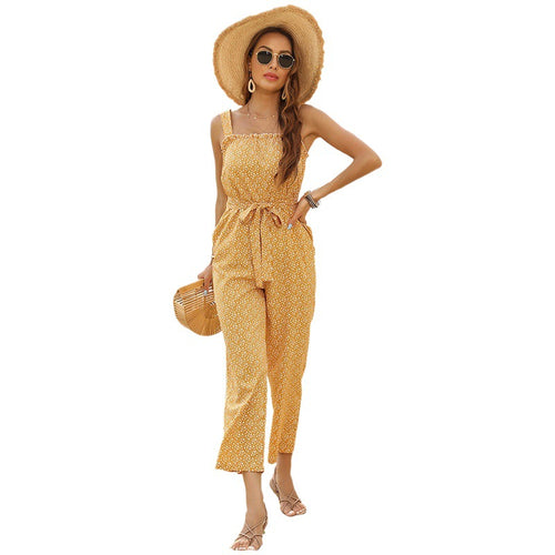 Lady jumpsuit with floral print and adjustable tie belt Amarae
