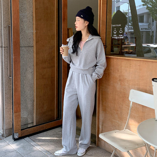 Women's sporty two-piece set with casual collar and wide pants