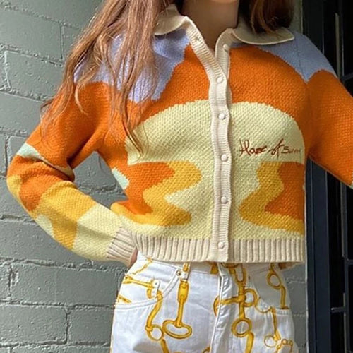 Fashionable knitted jacket for women with a creative color gradient and chic collar