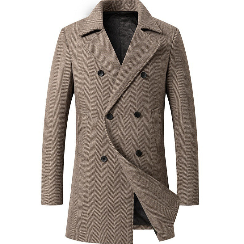 Men's Elegant Double-Breasted Coat with Textured Herringbone Pattern Chic Und Stil