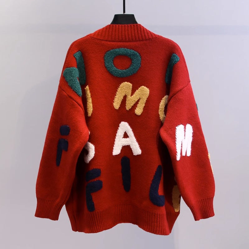 Women’s knit jacket with colorful letter pattern and practical pockets Lune London