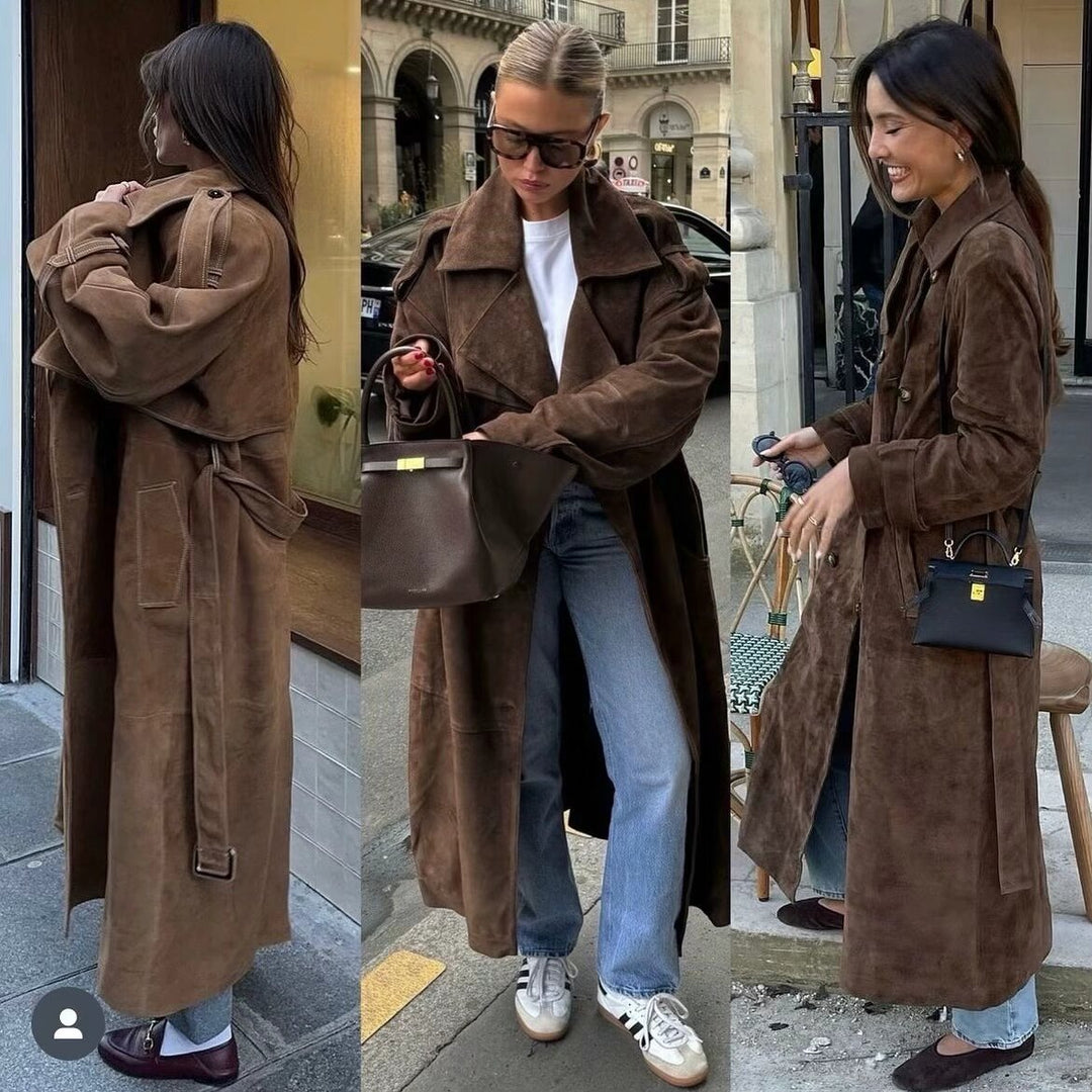 Ladies Oversize Suede Trench Coat with Waist Belt and Large Shawl Collar Amarae