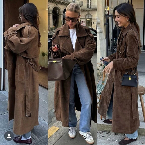 Manteau trench à la mode pour femmes en design suédé élégant avec ceinture pratique Chic & Stil