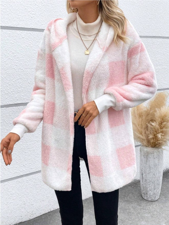 Ladies Cozy Fleece Jacket with Checkered Pattern and Hooded Design Lune London