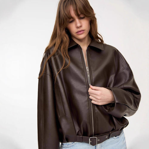 Casual faux leather jacket for women with wide collar and belt Amarae