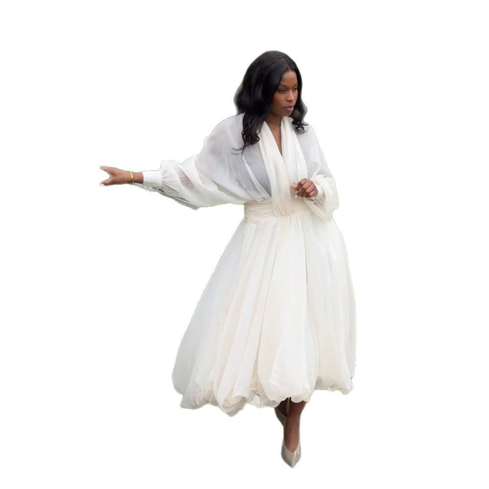 Women's Airy Pleated Maxi Dress with Balloon Hem, V-Neck and Shawl Collar Amarae