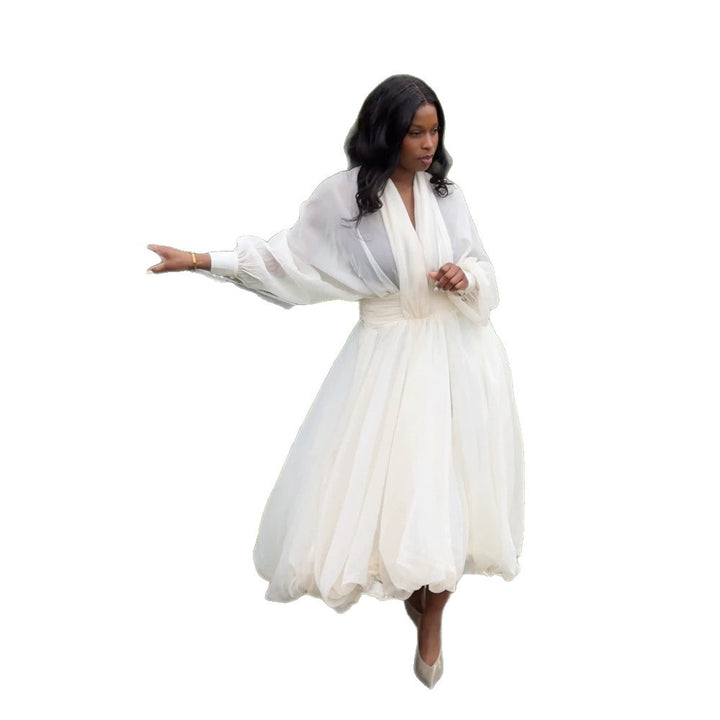 Women's Airy Pleated Maxi Dress with Balloon Hem, V-Neck and Shawl Collar Amarae
