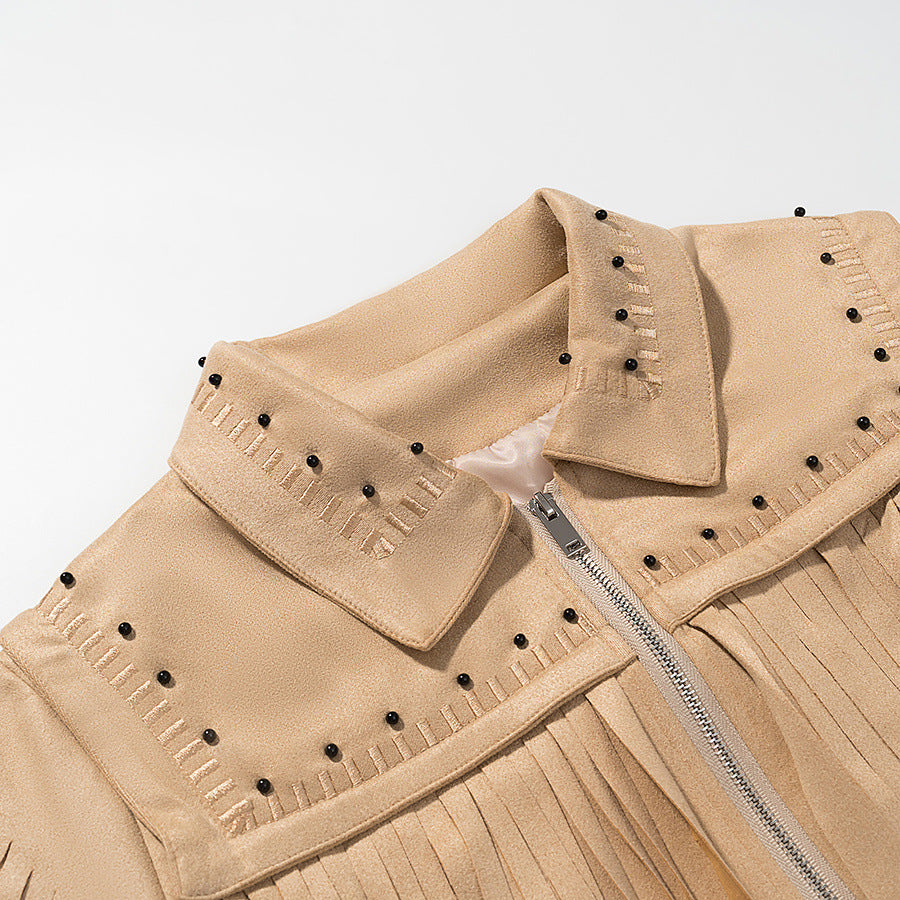 Fringed jacket for women with decorative studs and zipper Lune London