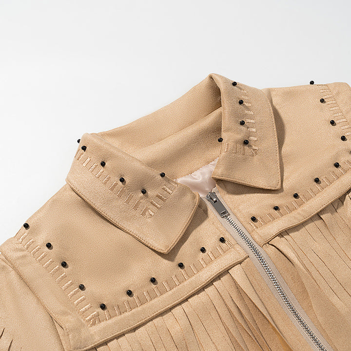Fringed jacket for women with decorative studs and zipper Lune London