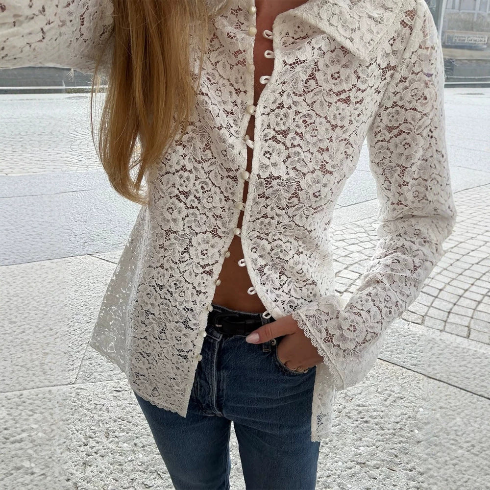 Women's lace blouse with floral lace, shirt collar and fabric ball button placket Amarae