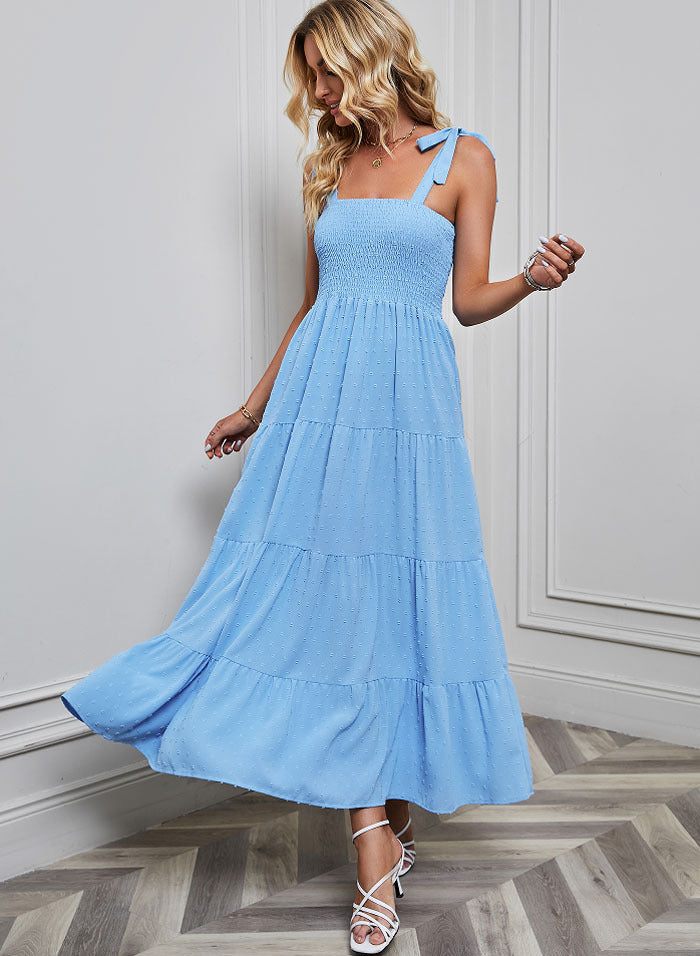 Women's maxi dress with delicate smock top and adjustable straps Lune London
