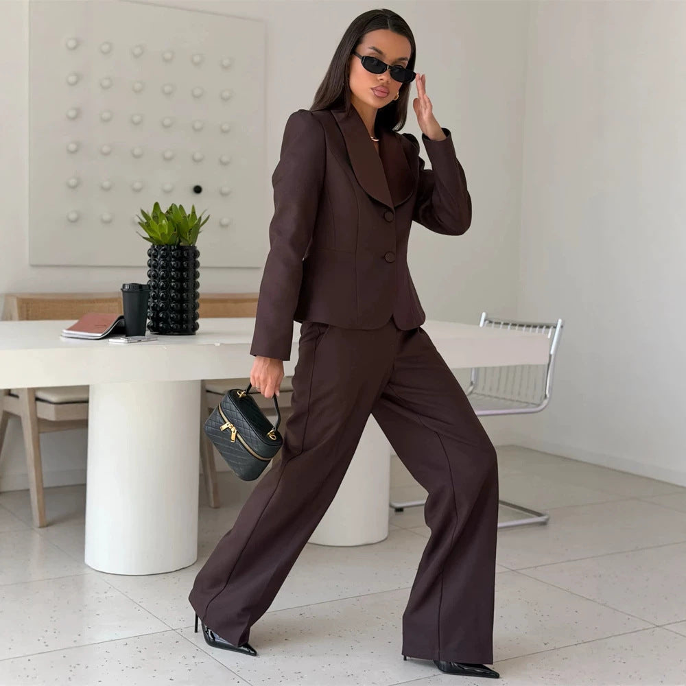 Women's Tailored Blazer with Oversized Shawl Collar and High-Waisted Wide Leg Pants Amarae