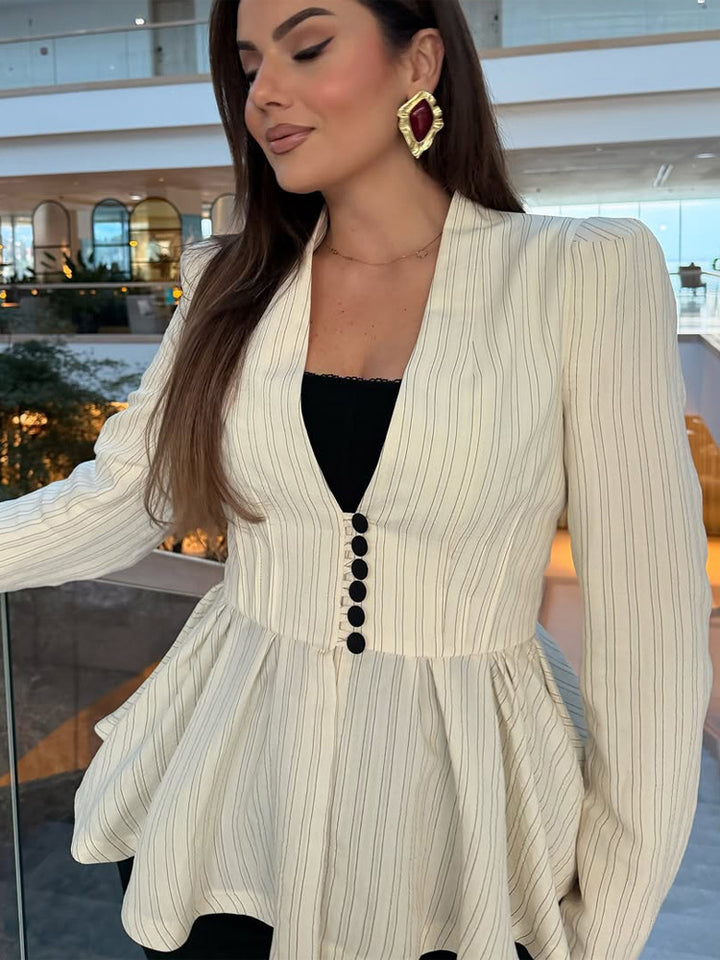 Women's Tailored Peplum Blazer with V-Neck and Decorative Button Placket Amarae