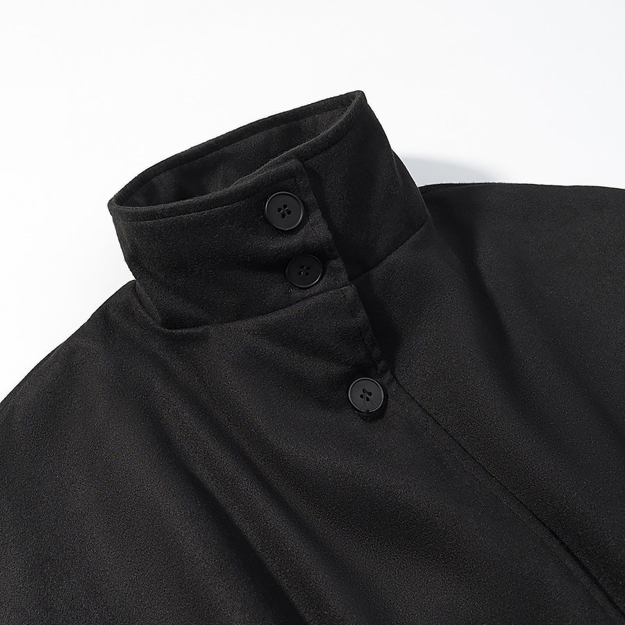 Women's short cape with stand-up collar, concealed button placket, and waist tie belt Amarae