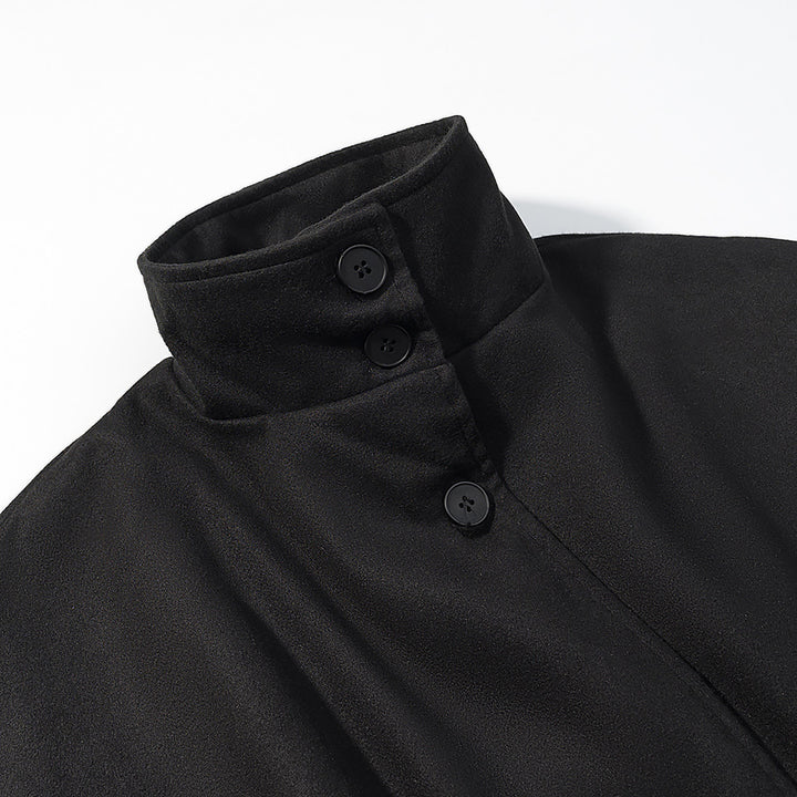 Women's short cape with stand-up collar, concealed button placket, and waist tie belt Amarae