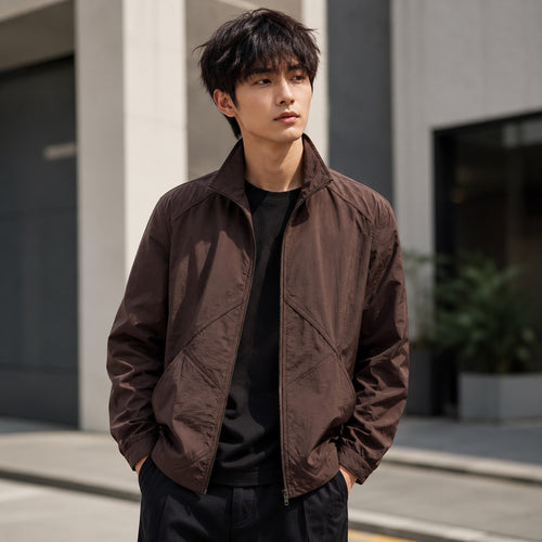 Men's Lightweight Windbreaker Outdoor Jacket with Stand Collar, Two-way Zipper and Concealed Pockets Amarae