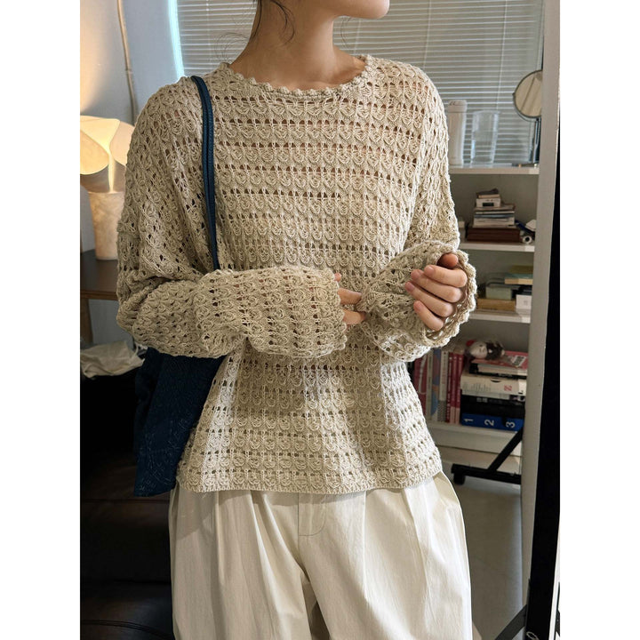 Women's Crocheted Oversized Openwork Sweater with Boat Neck Amarae