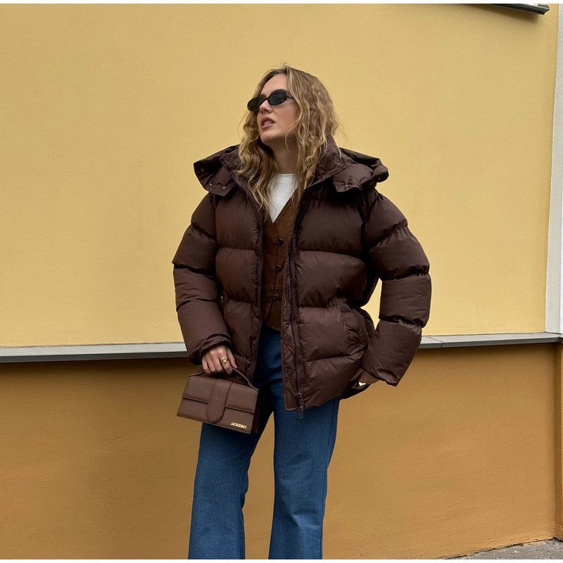 Women oversized high puffy quilted jacket with detachable zipper and kangaroo pockets Amarae