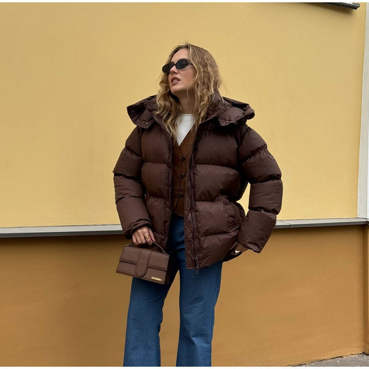 Women oversized high puffy quilted jacket with detachable zipper and kangaroo pockets Amarae