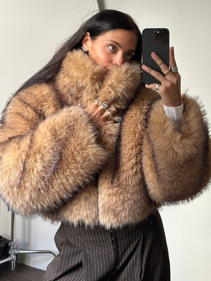 Ladies Luxury Faux Fur Cropped Bomber with Oversized Sleeves and High Shawl Collar Amarae