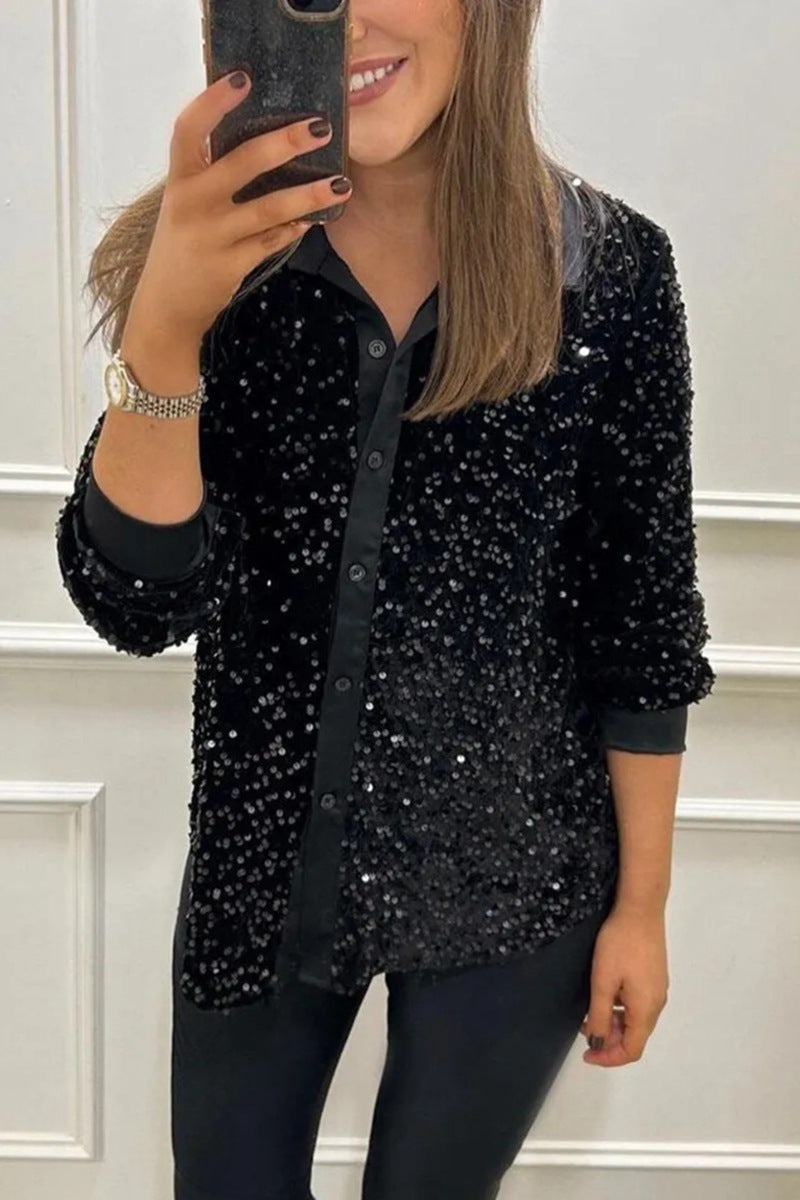 Blouse à sequins glamour pour femmes avec col classique et manches longues Chic & Stil