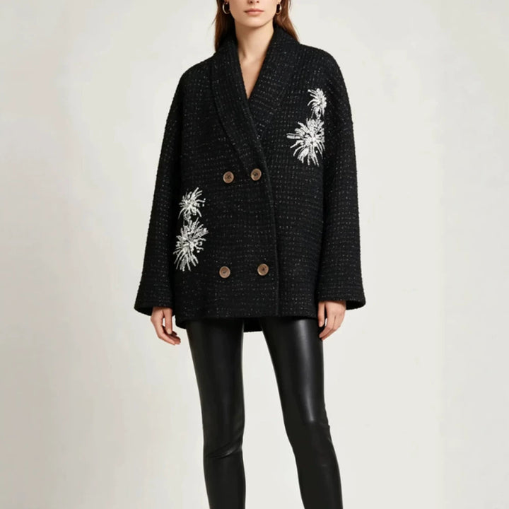 Women's Oversized Boucle Coat Jacket with Shawl Collar and Floral Embroidery Amarae