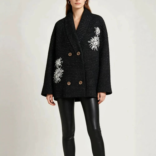 Women's Oversized Boucle Coat Jacket with Shawl Collar and Floral Embroidery Amarae