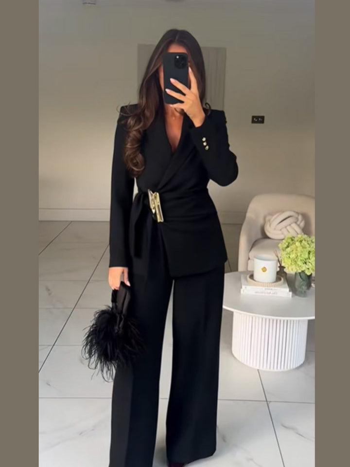 Women's Tailored Wrap Blazer with Decorative Metal Buckle & High-Waist Palazzo Pants Amarae