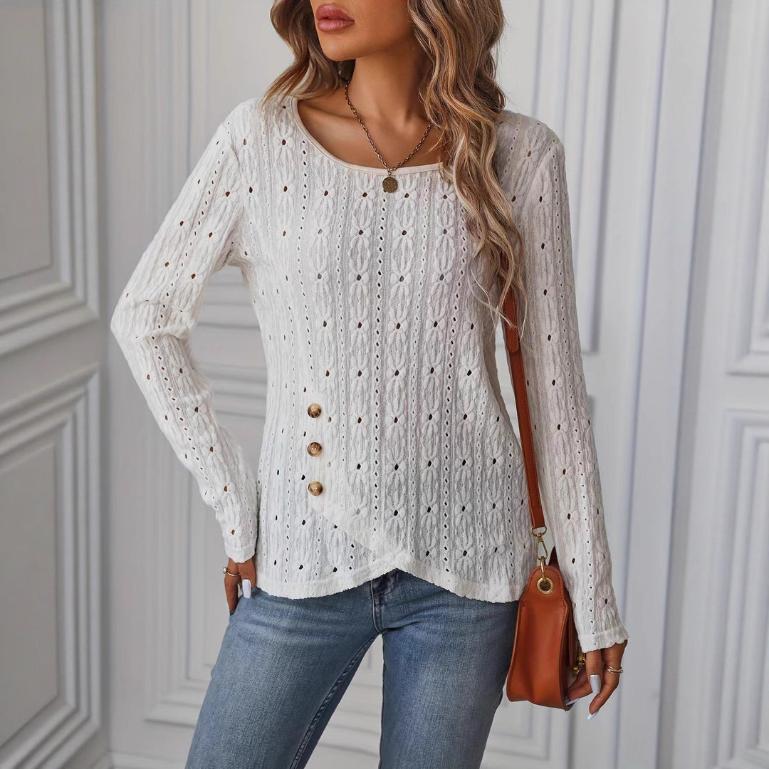 Long sleeve blouse for women with an intricate crochet pattern and chic button details