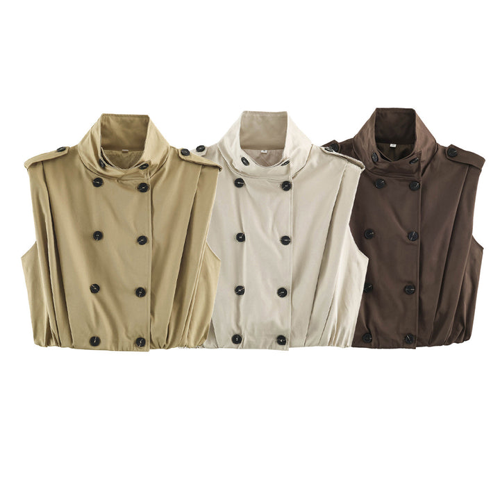 Women's Cropped Trench Vest without Sleeves with Double-Breasted Button Placket and Epaulets Amarae